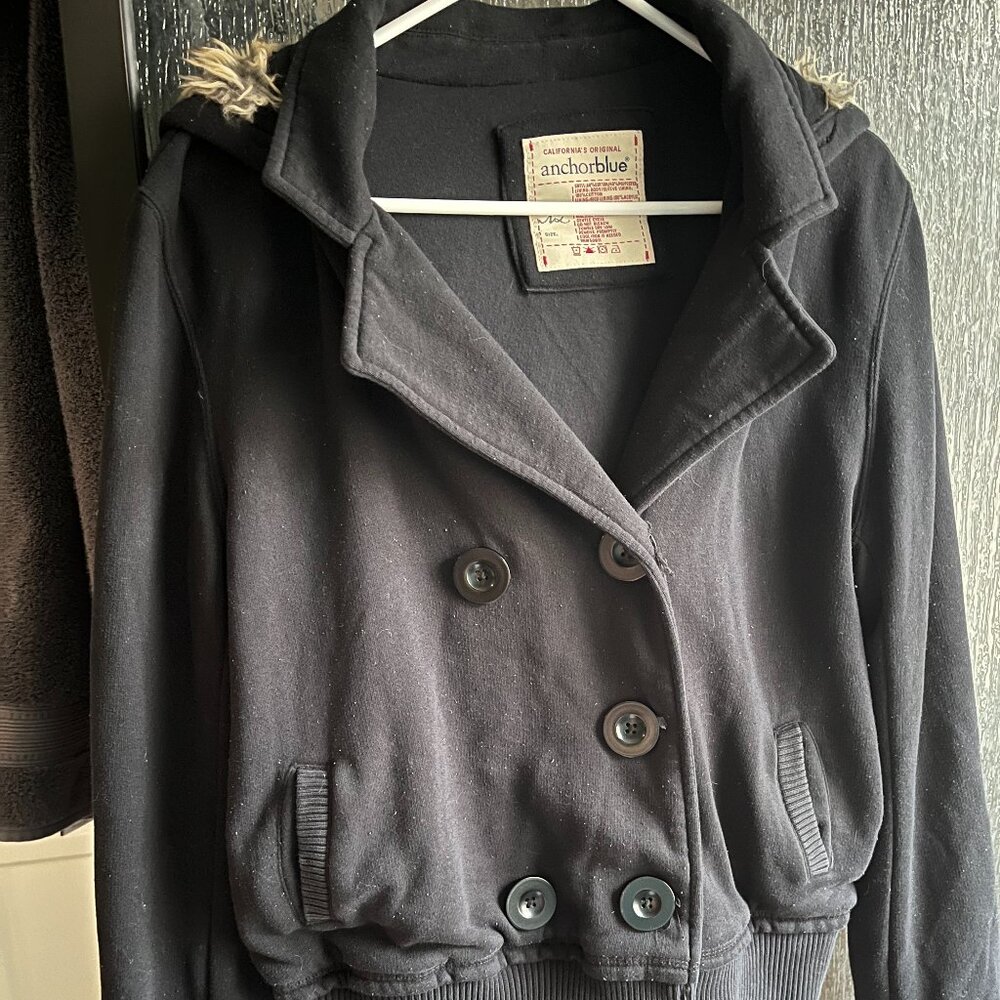 Anchor Blue Women's Black and Brown peacoat Jacket. faux fur hood